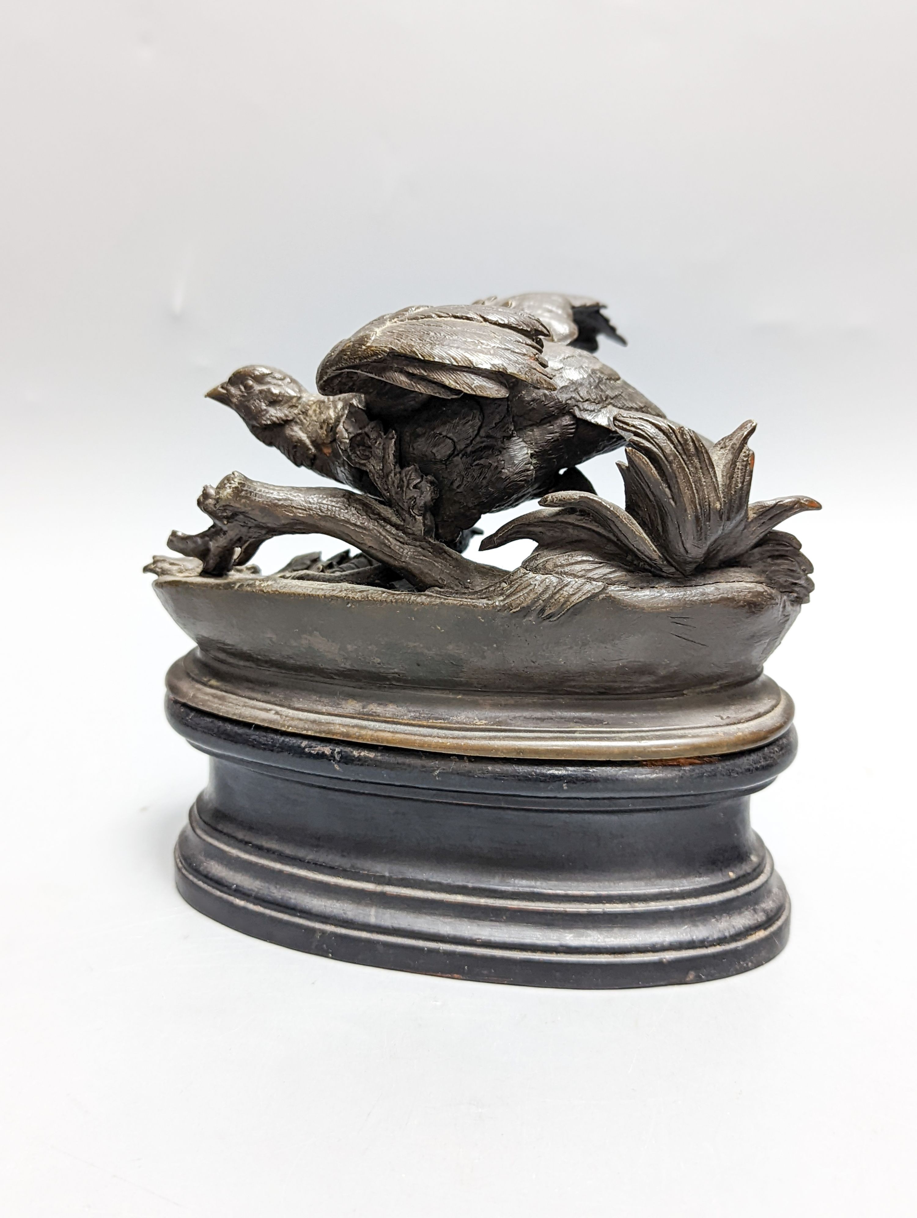 After Moigniez, a pair of early 20th century bronze bird groups of pheasants and partridges 18cm